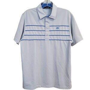 TRAVIS MATHEW Mens Medium Light Gray/Blue Striped Polo Shirt Golf Casual Office